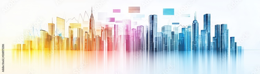 Poster futuristic high-tech metropolis with digital holographic elements and vibrant colorful skyline in a 