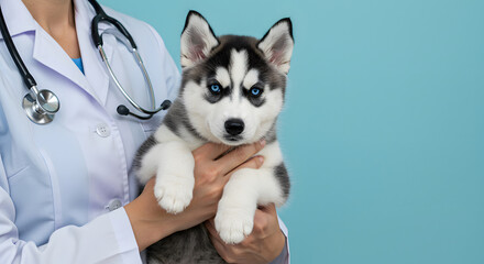 Veterinarian Holding Husky Puppy, Ready for Examination - A veterinarian gently holds a fluffy, black and white husky puppy.