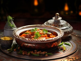 Traditional vegetable tagine with oriental spices in ornate tableware