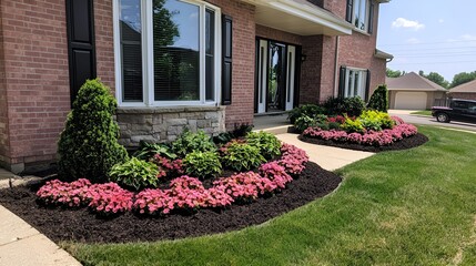 Obraz premium Suburban home landscaping, colorful flowers, sunny day, walkway