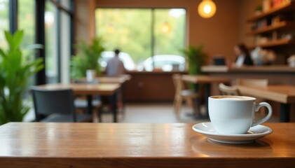 Clean empty coffee table, blurred cafe backdrop, tabletop, visual, home