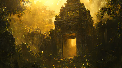 Obraz premium Hidden jungle ruins in golden light. Gilded Ruins. Illustration
