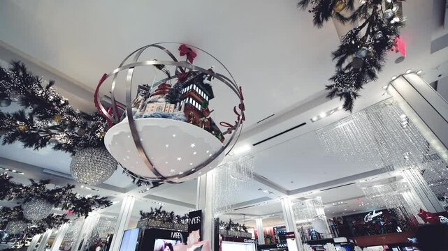 NEW YORK CITY - DECEMBER 2018: Interior of Macy's mall in Manhattan. Slow motion