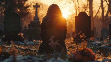 A sad, depressed depressive disorder woman going down on his knee, kneeling in front of gravestone at graveyard cemetery. depressive disorder woman.