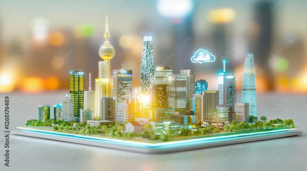 Poster futuristic smart city with glowing holographic elements and dynamic architecture in a vibrant urban 