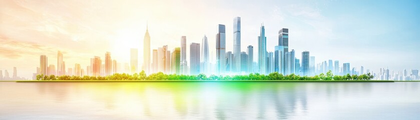 Fototapeta premium Futuristic Cityscape with Holographic Elements and Vibrant Atmosphere at Sunrise Over Water