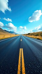 Fototapeta premium Endless asphalt ribbon vanishing into a vibrant blue sky , texture, background, scenery