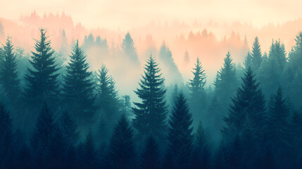 Fototapeta premium Mystical Forest Landscape: Misty Morning Tranquility and Lush Greenery in Secluded Woods