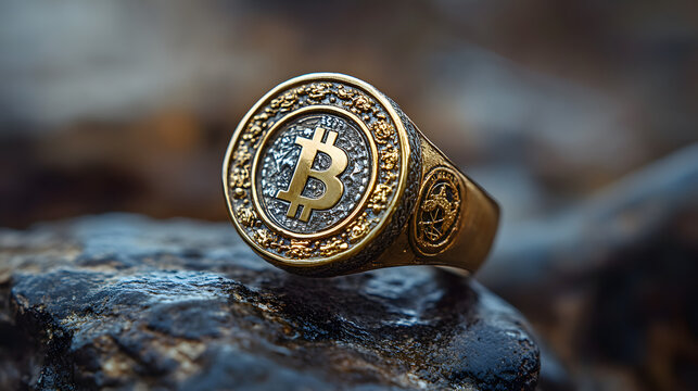 Close-up of an opulent gold ring featuring an embossed Bitcoin logo, resting on a rugged surface