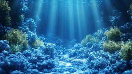 Fototapeta premium A breathtaking underwater scene with glowing crystal formations and a serene marine landscape, bathed in a soft, ethereal light, evoking tranquility, beauty, and the wonders of the ocean