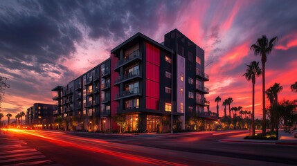 Sleek city apartment complex in bold black and crimson hues delivering dynamic urban residential sophistication
