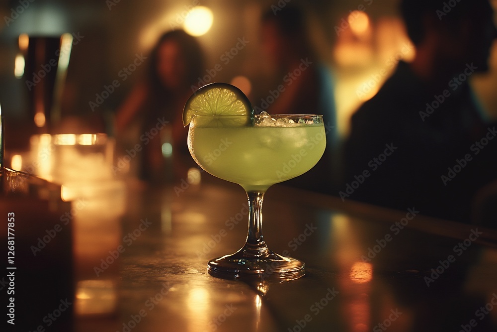 Poster close-up of a refreshing green cocktail with lime garnish on a bar counter in a dimly lit bar.