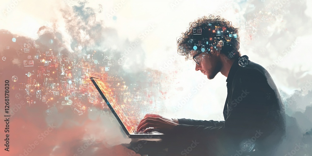 Poster man working on laptop, surrounded by digital data.