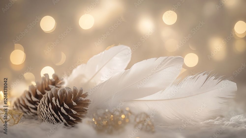 Poster white feathers and pine cones on snowy surface with bokeh lights.