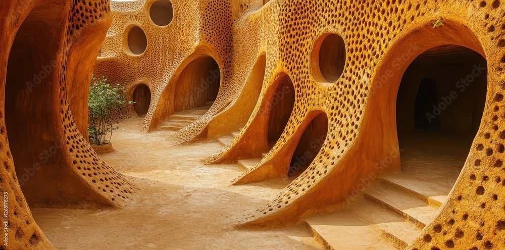Poster organic architecture showcases curved structures with porous textured surfaces
