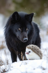 Naklejka premium A black wolf and a hedgehog in the snow