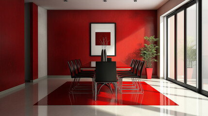 Fototapeta premium A modern dining room features a sleek red table and matching chairs creating a bright and elegant space designed for comfortable dining against red wall with stylish picture 