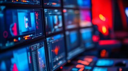 Multiple monitors displaying data and graphics in a control room.