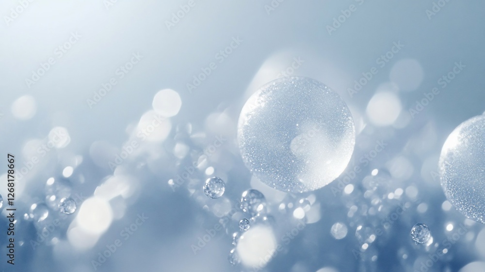 Poster close-up of glistening water droplets on a surface, creating a bokeh effect with soft light.
