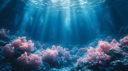 Naklejka premium A breathtaking underwater scene with glowing crystal formations and a serene marine landscape, bathed in a soft, ethereal light, evoking tranquility, beauty, and the wonders of the ocean