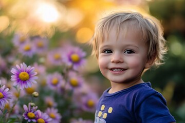 Happy toddler smiling amidst purple flowers at sunset.