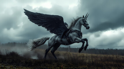 Obraz premium Majestic winged unicorn gallops, stormy sky, fantasy art, mythical creature. Stormborne Pegasus. Illustration