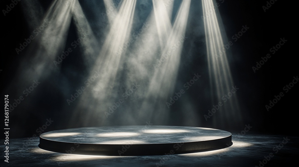 Poster dark stage with spotlights illuminating a circular platform.