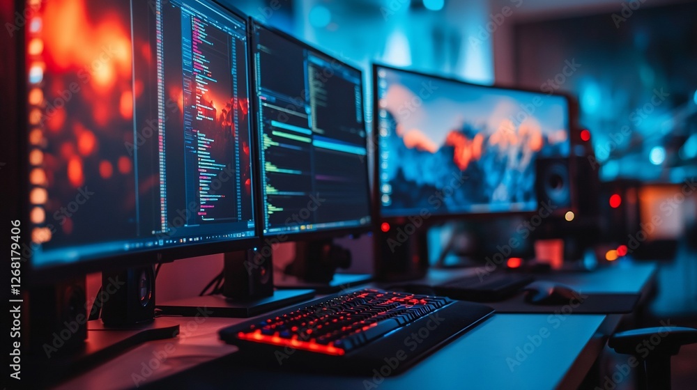 Poster three monitors displaying code and landscape, keyboard, mouse on desk.
