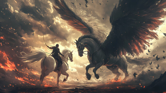 Pegasus with bellerophon ready to battle the chimera. Stormborne Pegasus. Illustration