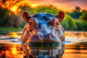 Fototapeta premium Drone Close-Up: Hippopotamus Head Emerging from Calm Water