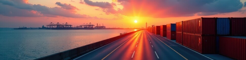 Sunset hues paint empty highway beside bustling harbor containers , stillness, color, calm