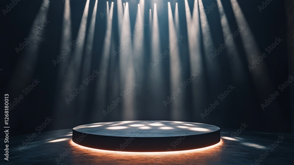 Poster dark stage with illuminated circular platform and spotlights.