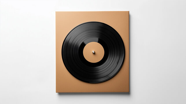 A 12-inch black vinyl LP record is a large, analog music disc housed in a cardboard cover, featuring  black and beige grooves that store audio  on beige paper isolated on gray background