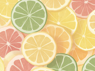 Seamless pattern of citrus wedge shapes in vibrant colors creates a refreshing and playful design