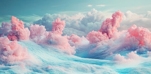 Surreal landscape of pink fluffy formations rising above textured water