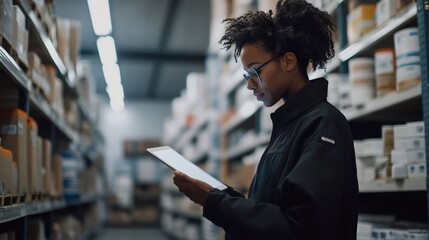 Woman uses tablet in warehouse inventory.