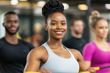 Group fitness class featuring diverse participants with a smiling instructor in a gym