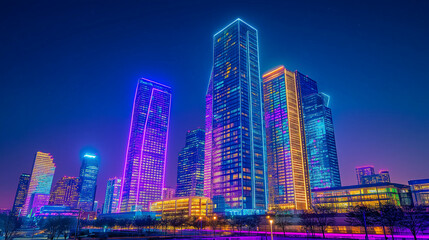 Obraz premium Contemporary skyscraper with vibrant neon purple accents, showcasing innovative architecture and dynamic urban energy visually