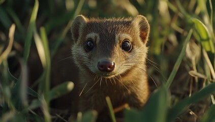 Fototapeta premium Close-up of a curious young mongoose peering from tall grass in soft sunlight.