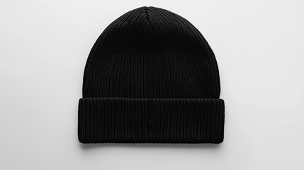 a close up of  blank fashioned black  beanie winter  hat showcased made of wool isolated on gray background 
