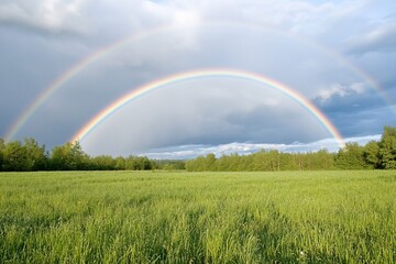 Naklejka premium Double rainbow over grassy field