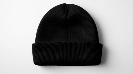 a close up of  blank fashioned black  beanie winter  hat showcased made of wool isolated on gray background 