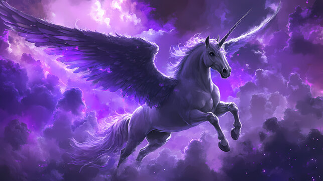 A majestic winged unicorn soars through purple storm clouds. Stormborne Pegasus. Illustration
