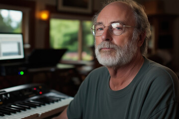 Fototapeta premium Musician reflects thoughtfully while composing in a cozy home studio setting