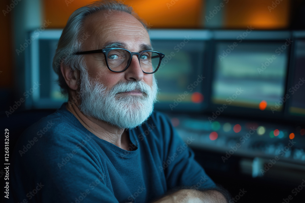 Poster experienced sound engineer with glasses working in a modern studio setting
