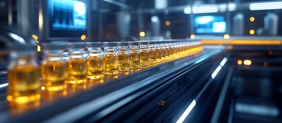 Obraz premium Conveyor belt with amber liquid filled glass jars in modern factory.