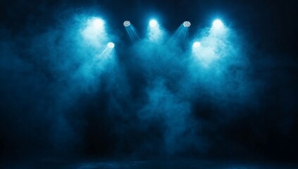 Fototapeta premium Blue stage spotlights in smoky darkness.