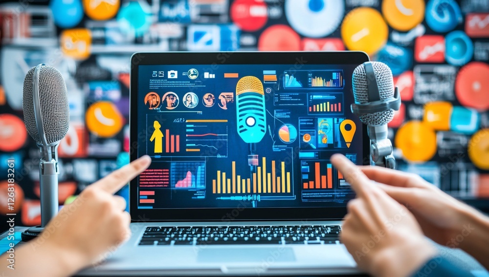Poster two hands pointing at a laptop screen displaying podcasting analytics and app icons.