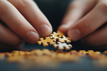 Hands assembling a jigsaw puzzle in a cozy indoor setting on a relaxing afternoon
