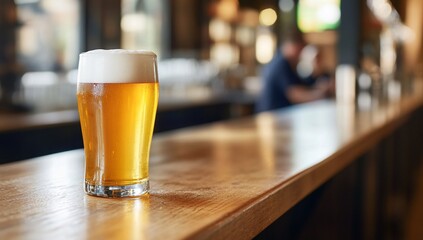 Light beer in glass on bar counter